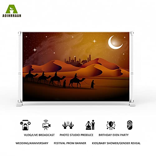 Aoihrraan 3,5x2,5m Desert Night Backdrop Cartoon Sand Dunes Starry Sky Moon Temple Silhouette Arabian Camel Team Scene Photography Background Religion Culture Party Photo Studio Prop Vinyl Wallpaper - Image 2