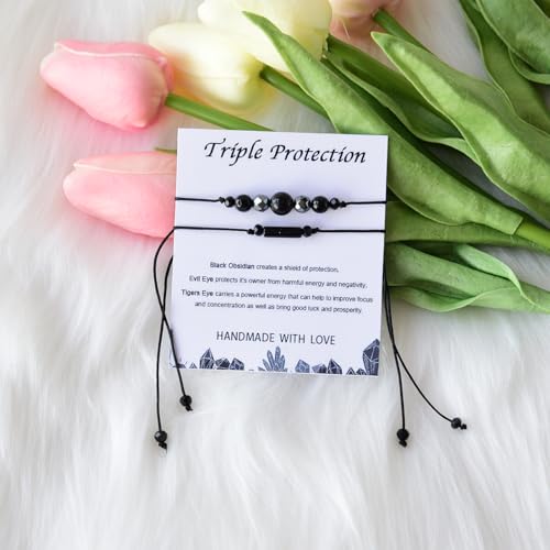 2Pcs Triple Protection Bracelets Black Tourmaline and Obsidian Bracelets Natural Stone Jewelry for Women Men Gifts for Him Her2