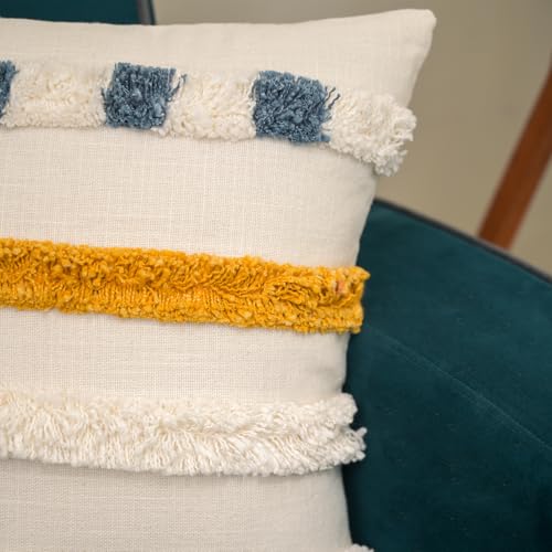 Image of Boho Square Pillow Covers | 16X16 Inches Embroidery Cushion Covers | Tufted Cushion Cover for Home Decor | Hand Crafted Bohemian Cushion Cover for Sofa & Bed Room (Set of 1, 16 * 16)