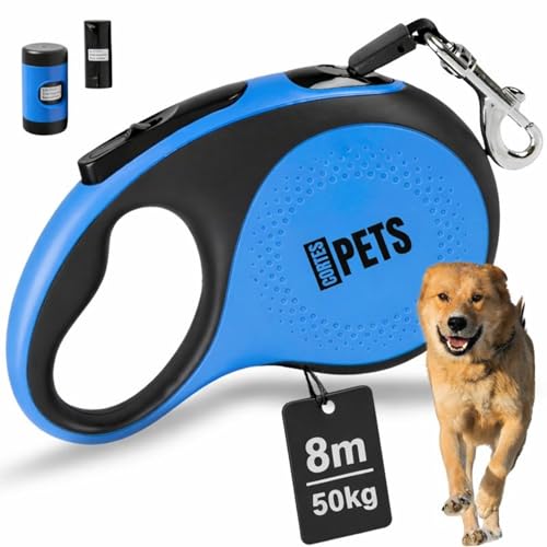 CORTESPETS® Guinzaglio per cani allungabile Retrattile 8m, con sacchetto per escrementi per canii fino a 50 kg, ideale per cani di taglia grande, media e piccola. (Blu, XL - 8m - fino a 50 kg)