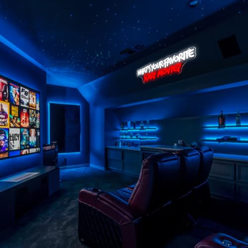 Image of Symone What'S Your Favorite Scary Movie Neon Sign, Gothic Neon Light USB Powered Dimmable LED Halloween Neon Signs for Wall Decor, for Movie Room Party Terrifying Interior Decor(15.7 * 5.1 In)