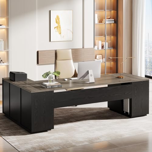 Tribesigns 85.8-Inch L-Shaped Executive Desk, Extra Large Modern Office Desk with File Drawers, Door Cabinet & Shelves, Commercial Office Table, Home Business Workstation, Grey & Black