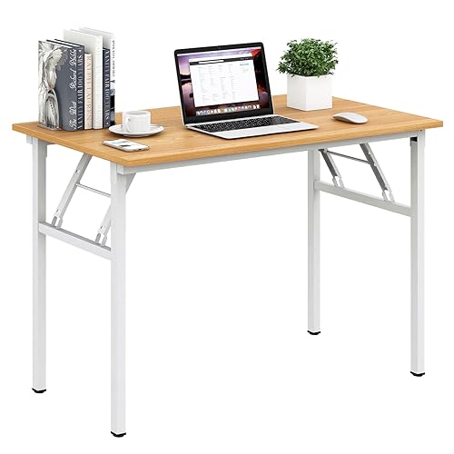 Image of Need Office Computer Desk 39.3 Inch Sturdy Folding Laptop Table Teak | White Frame Writing Gaming Work Table /Foldable Home Office Desk /Sewing Table, No Assembly Required