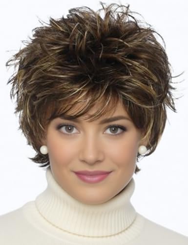 TISHINING Short Brown Mixed Blonde Highlight Pixie Cut Wigs for