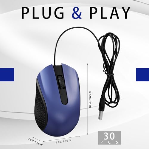 Mouse USB con cable ergonómico: kit de 30 ratones azules de 3 botones para colegios y hogar 2