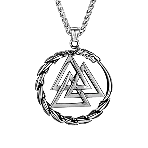 HFUHLK Viking Ouroboros Necklace, Norse Vintage Celtic Dragon Valknut Talisman Pendant, Men Stainless Steel Jewelry with Wooden Box,Silver