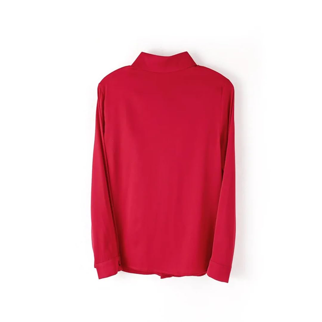 Camisa de seda con solapa para mujer, blusas de oficina de manga larga, holgadas, para oficina