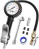 Tire Inflator with Pressure Gauge and Longer Hose - Most Accurate, Heavy Duty Air Chuck with Gauge for Air Compressor Tire Inflator Attachment - 100PSI