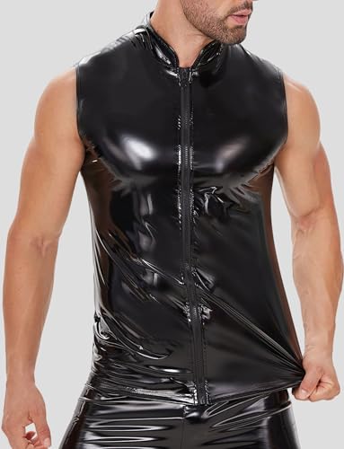 Image of Panegy Men's Liquid Shiny Leather Shirt Jacket Slim Fit Wetlook Party Nightout Club 70s /80s Disco Blouse Tshirt