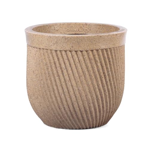 Image of Bonkaso 12 Inch Seltos Ribbed Planter for Indoor & Outdoor Use | Round Heavy Duty Polymer Flower Pot | Lightweight Weather Resistant Modern Gamla for Living Room Balcony & Terrace (Beige)