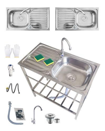 Acciaio Inox Lavello da Cucina Indipendente con Rubinetto Lavandino da esterno 75x40xH75cm Lavandino Commerciale Ristorante Professionale Facile Da Lavare per Cortile/Garage/Lavanderia/Seminterrato