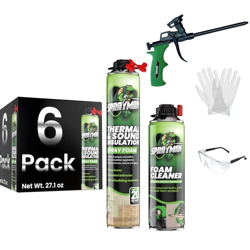 Sprayman Spray Foam Insulation Kit (120 Sq.Ft.) - Closed Cell Polyurethane Expanding Foam Sealant, Thermal & Acoustic Protection for Wall and Attic - Gun & Cleaner Included, 27.1 oz, 6 Pack