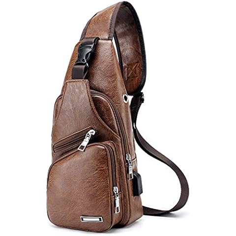 AOAKY Men's Sling Bag Chest Bag with USB Charging Port Waterproof PU leather Crossbody Bag Sport Travel Daypacks (Light Brown) Cover
