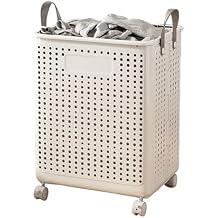 Foldable Laundry Basket With Wheels - Collapsible Hamper, Slim Organizer, Plastic Wheeled Basket for Dirty Clothes, College Dorm, Bathroom - Beige, Large