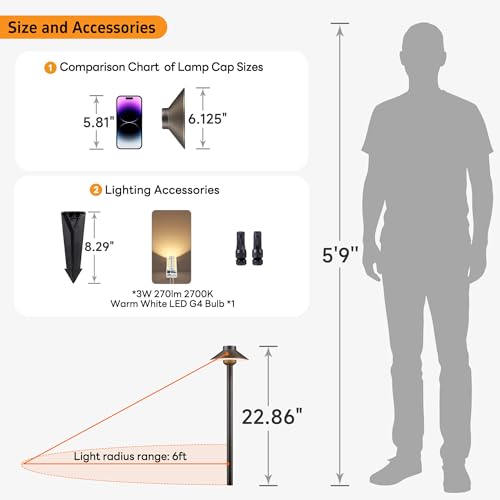 Gardenreet Outdoor Brass Pathway Lights - Low Voltage Landscape Path Lighting Wired, 12v Pathlight LED IP65 Waterproof, Hat-top Bronze for Outside Walkway Yard with 3W 270LM 2700K Warm White G4 Bulb - Thumbnail 6