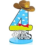 Vercraft Toy Theme 4th Birthday Party Number Centerpiece Cartoon Party Number Sign Blue Sky and White Cloud Cow Birthday Sign for Boy and Girl Decor