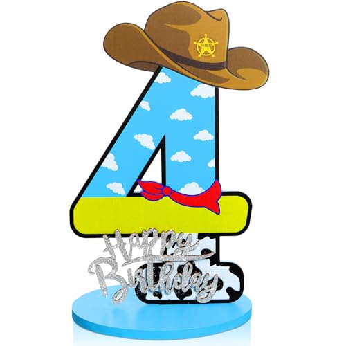 Vercraft Toy Theme 4th Birthday Party Number Centerpiece Cartoon Party Number Sign Blue Sky and White Cloud Cow Birthday Sign for Boy and Girl Decor