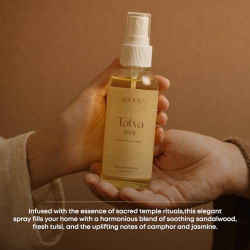 Image of ABODE Tatva Room Freshener Spray | Temple Fragrance | Sandalwood, Tulsi, Camphor & Jasmine Blend | Non-Toxic | Best Room Freshener |100ml /3.3 Oz