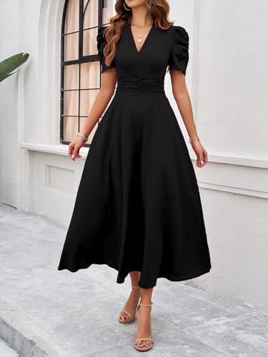 Image of Shasmi Girl's & Women's Solid Color V-Neck A-Line Maxi Dress for Women | New Year Party Outfit | Waist Cinched Puff Sleeve Western | Elegant Casual Wear (Dress 246)