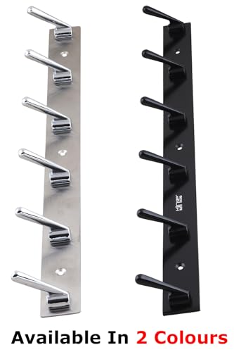Image of Aluminium Cloth Hanger for Wall, Clothes Hook Hangers Door Mounted, Bathroom Hooks for Hanging Towel, Wall Mount Shirt Hangers, Dress Holder Hooks - 6 Pin - XL, Pack of 1, Black
