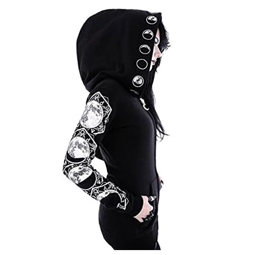 melupa Womens Gothic Hooded Jackets Coats Cardigan Black Vintage Moon Printed Punk Goth Hoodie Plus Size Sweatshirt, 03-black, X-Large