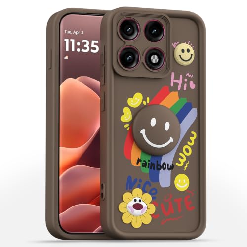 Image of Pikkme Back Cover for Motorola Moto Edge 70 Pro 5G | Soft Silicone| Cute Rainbow Smile & 3D Cartoon Flower Design | Shockproof Raised Camera Protection Bumper Case (Brown)