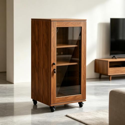BQZKTVED Meuble HiFi Noyer avec Porte Verre Trempé, Structure Bois Massif