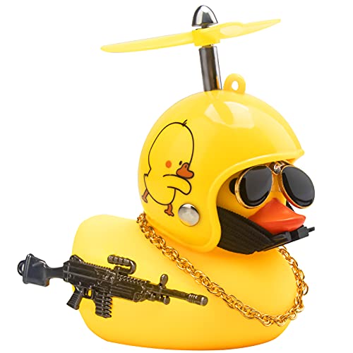 wonuu Rubber Duck Car Ornaments Cool Yellow Duck Car Dashboard Decorations Squeaky Glasses Duck with Propeller Helmet for Car ccessories Dashboard Toy (Duckling-Yellow G)