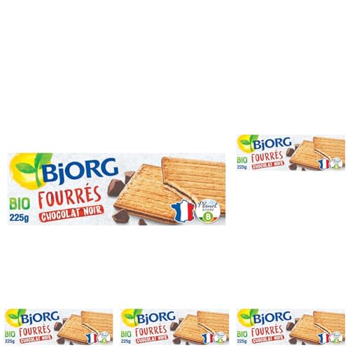BJORG - Biscuits Fourrés Au Chocolat Noir Bio - Aux Céréales Complètes Et Sucres Non-Raffinés - 225 G (Lot de 5)