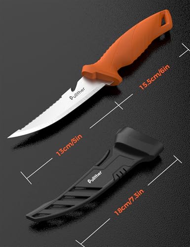 pullther Fishing Angelmesser, 5 Inch/127mm Fischmesser aus Edelstahl mit Rutschfestem Griff, Gezackter Rand, Angelzubehör mit Schutzhülle