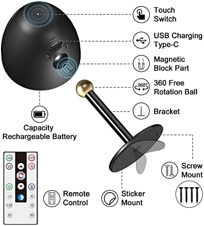 Wall Lamp LED Wall Light, Bedroom Wall Lamps, White +13 Colorful Change Timing Lights, 360°Rotate Magnetic Ball, Rechargeable Battery, Touch Control, Painting Light for Living Room1 Pack