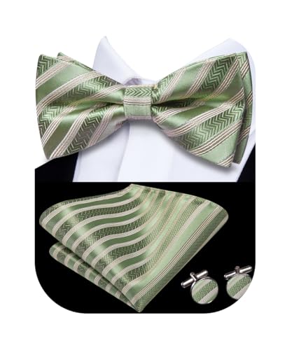 Image of Hi-Tie Sage Green Pre-Tied Bowties for Men Silk Clip On Stripe Mens Bowtie Pocket Square Cufflinks Set for Wedding Party