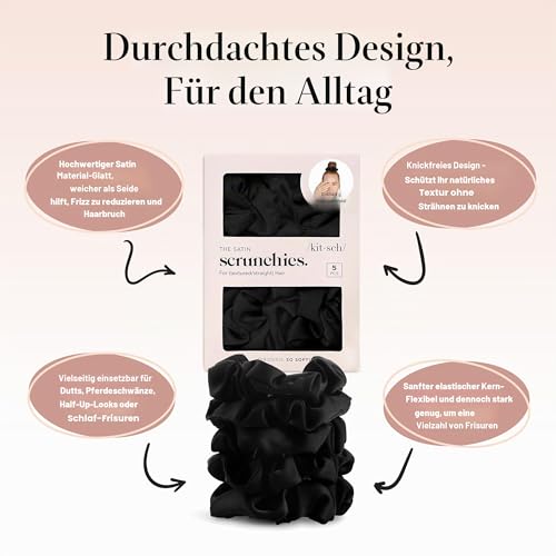 Kitsch Satin Haargummi Damen – Keine Knicke, Frizz-Kontrolle | Weicher als Seide, Haargummis sanft zum Haar für alle Haartypen | Stilvolle Scrunchies Haar-Accessoires – Schwarz, 5 Stück