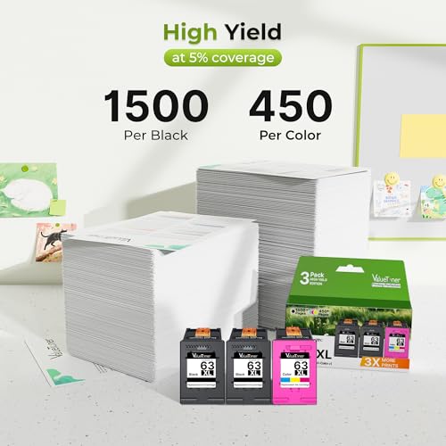 Image of 63XL Ink Cartridges Black and Color Replacement for HP Ink 63 XL Combo Pack