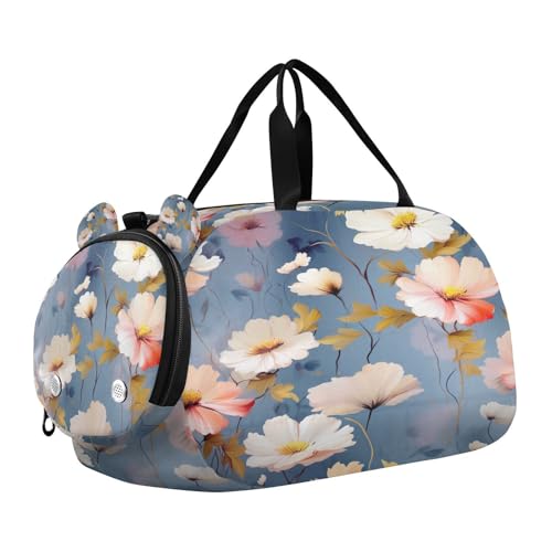 YETTASBIN Sport Travel Duffel Bag for Girls Boys, Pink White Flower Large Waterproof Weekender Overnight Bag, Detachable Shoulder Strap Gym Bag with Shoe Compartment & Wet Pocket