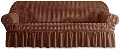 Sofa Slipcover 1 Piece for 3 Cushion Couch Cover with Skirt, Durable Washable High Elastic Stretchable, Easy Fit Universal Furniture Protector (3 Seater, Brown)