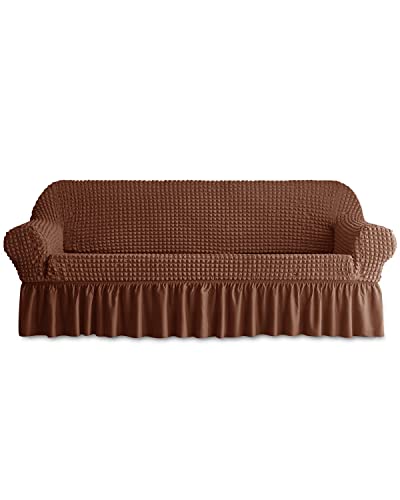 Sofa Slipcover 1 Piece for 3 Cushion Couch Cover with Skirt Durable Washable High Elastic Stretchable Easy Fit Universal Furniture Protector 3 Seater Brown