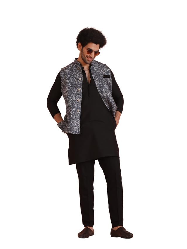 Kisah Men's Kurta Jacket Trouser Set, Black Pashmina, Digital Print Regular Fit Mandarin Collar Long Sleeves, 40