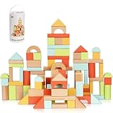 Pidoko Kids 100pcs Building Blocks for Toddlers 1-3, Wooden Blocks for Kids with Storage Bucket and Shape Sorter Lid Montessori Toys for 1 2 3 Year Old, Learning Toys for Preschool Girls and Boys