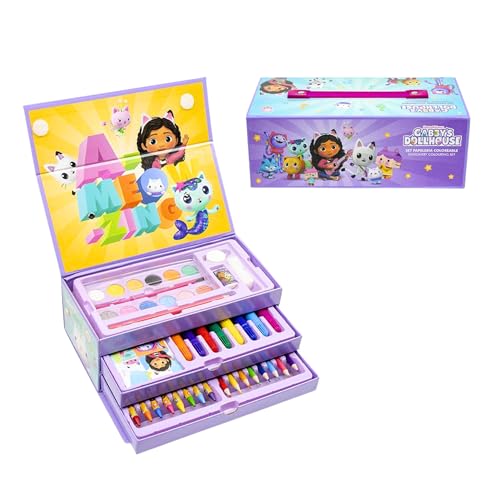 Gabby's Doll House Juego de Papelería, Incluye Lápices de Color, Rotuladores, Acuarelas, Pincel, Esponja, Lapiz, Borrador, Ceras de Color, Cuaderno y Estuche Maletin