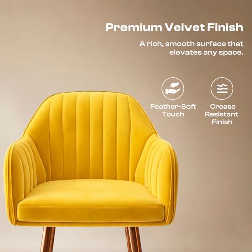 Image of Vergo Plush Velvet Dining Chair, Cushion Seat, Wooden Frame, Metal Legs, Premium Accent Chair for Living Room, Bedroom, Dining Room, Cafe & Restaurant (Set of 2, Yellow)