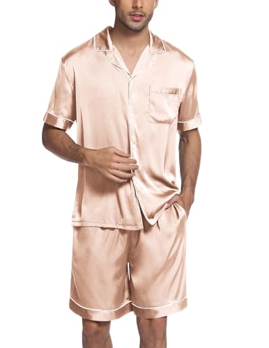 Image of Ekouaer Mens Satin Pajamas Set Button-Down Short Sleeve Shirt Top Soft Silk Sleepwear Shorts with Pockets