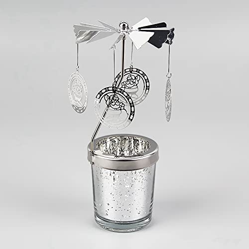 Rotating candlestick Candle Holder with Silver Metal Tea Light Holder Glass Star Cup Carousel Rotary Spinning Holder for Christmas Party Wedding Birthday Home Office (Santa Claus)
