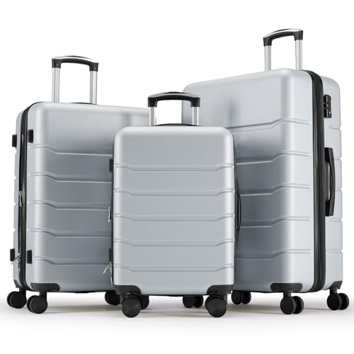 Image of Sweetcrispy 3 Piece Luggage Set, ABS Hard Shell Carry On Suitcase with Smooth Spinner Wheels and TSA Lock, Lightweight Rolling Travel Luggage 20 /24 /28 Inch for Travel Business Vacation, Light Grey