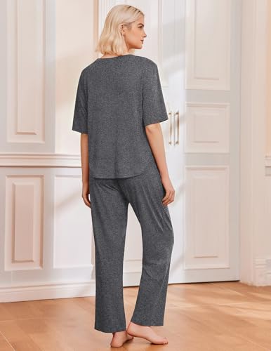 Image of Ekouaer 2 Pack Womens Pajamas Sets Short Sleeve Long Pants Pjs Lounge Set