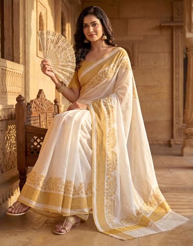 Image of SIRIL Women's Printed Cotton Linen One Minute Ready to Wear Saree With Unstitched Blouse Piece