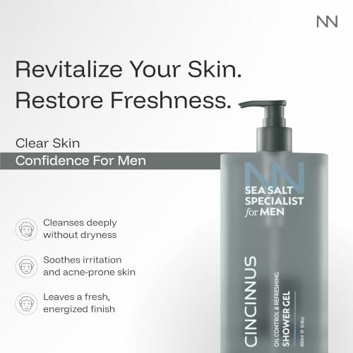Image of Cincinnus Oil Control Refreshing Shower Gel Body Wash for Men 380ml | Deep Cleansing with Sea Salt, Centella & Salicylic Acid | Controls Excess Oil & Refreshes Skin | Shower Gel for Men