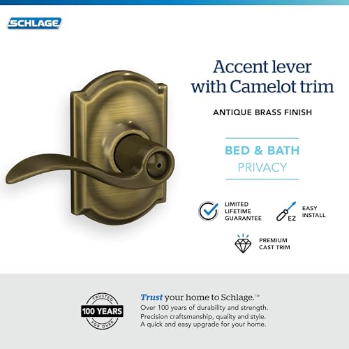 Image of Schlage Accent Lever with Camelot Trim Bed and Bath Lock in Antique Brass - F40 ACC 609 CAM