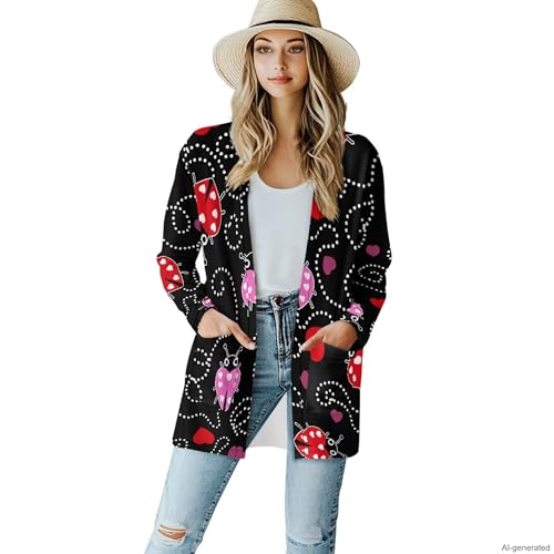 Image of Forchrinse Red Ladybug Cardigan for Women Causal Long Sleeve Open Front Cardigans Sweater Fashion 2024 Fall Coat with Pockets