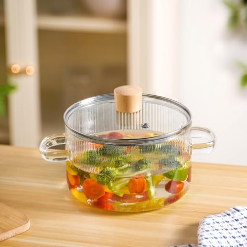 Image of Nestasia Borosilicate Glass Cooking Pot on Gas Stove (1800 ml) - Fluted Casserole with Air Vent Glass Lid | Microwave & Dishwasher Safe Durable Handi for Kitchen